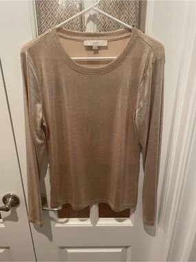 LOFT Shimmery Long-Sleeve Crewneck Top in Champagne Gold